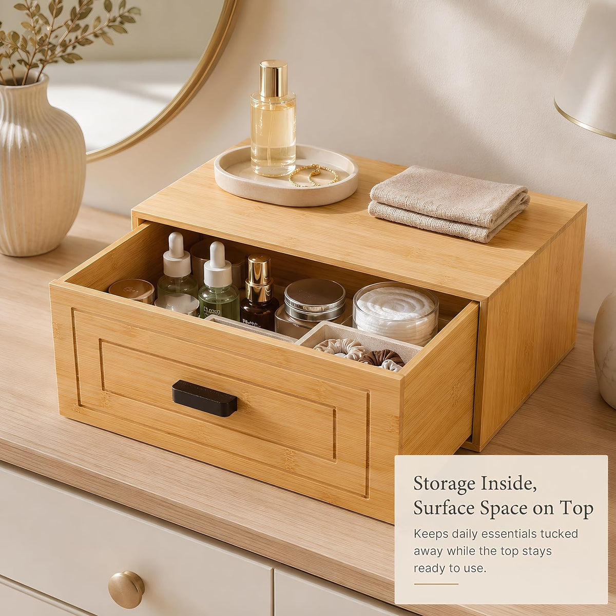 Kingrol Bamboo Storage Drawer, Stackable Single Drawer Organizer for Desk, Shelf, Closet, Entryway, Coffee Station, Vanity and Bathroom Counter, Natural Bamboo, 15 x 11.75 x 6.5 Inch