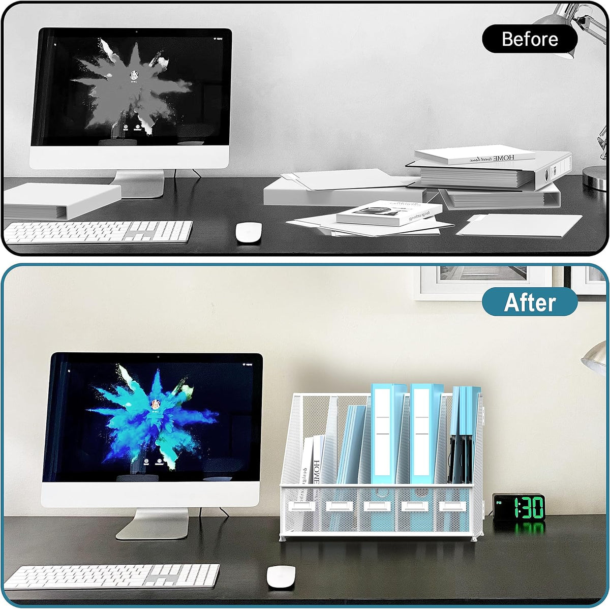 Desk Organizers Metal Desk Magazine File Holder with 5 Vertical Compartments Rack File Organizer for Office Desktop, Classroom, Home Workspace, Black
