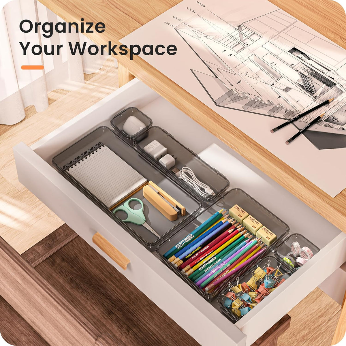 A-LuGei 【Military Grade】 Drawer Organizer, 【𝟱𝗦𝗶𝘇𝗲】 Makeup organizer, 【Holds 177 Items】 Bathroom Organizers and Storage, Organization and Storage, Desk Drawer Organizer for Vanity (Clear)