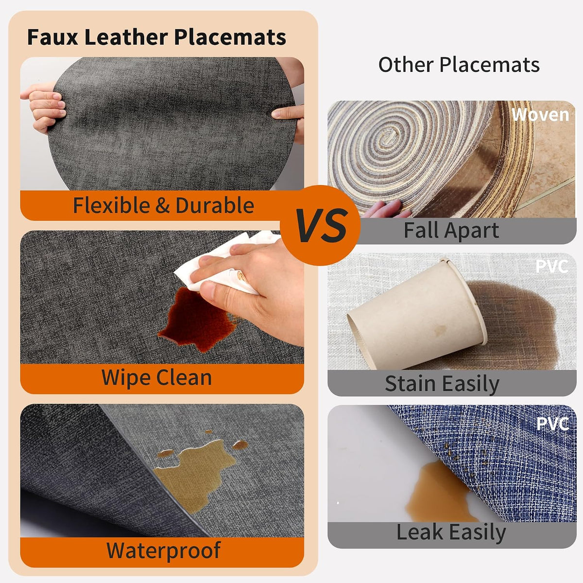 Maxpearl Faux Leather Placemats Set of 6 - Waterproof - Wipe Clean - Heat Resistant - Anti Slip Dining Table Place Mats, Suitable for Indoor & Outdoor Use, 17’’×12’’, Beige