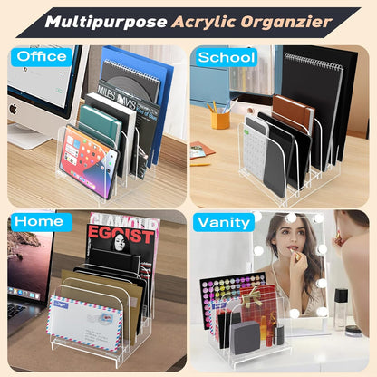 File Holder File Sorter, Vertical File Organizer for Desk, Desk Top File Folder Organizer Stand, Acrylic File Rack File Folder Holder, 5 Sections Clear File Stand for Office, School, Home