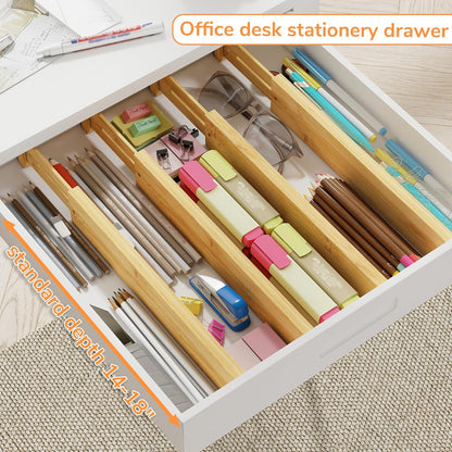 BAMEOS Bamboo Expandable Drawer Dividers – Fits 16.6"–22" Drawers, 2" High, Set of 4 | Spring-Loaded Bamboo Separator for Kitchen Island, Bathroom Vanity & Dresser Drawers