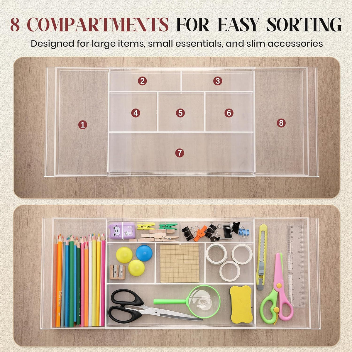 2pack Shallow Expandable Drawer Organizer, Adjustable 12.5”–20” Clear Plastic Drawer Organizer Tray for Vanity Bathroom Desk Kitchen Drawers, Multi Compartment Storage