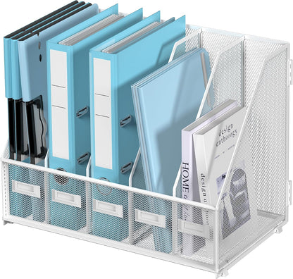 Desk Organizers Metal Desk Magazine File Holder with 5 Vertical Compartments Rack File Organizer for Office Desktop, Classroom, Home Workspace, Black