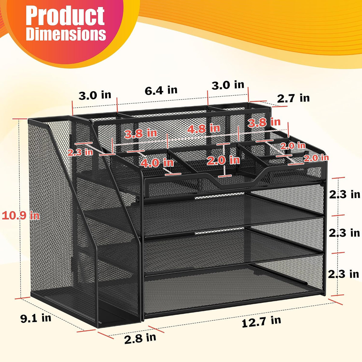 Docnest 5 Tier Mesh Desk Organizer for Paper Office Supplies – Multi-Functional Letter Tray with 5 Adjustable Compartments, 3 Pen Holders, Desktop Storage for Files, Mail, Stationery – Black