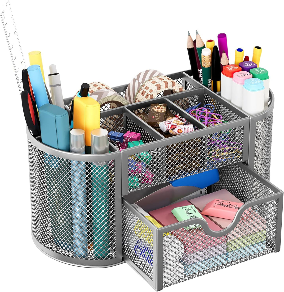 EasyPAG Mesh Pen Holder Desk Organizer with Drawer Stationery Supplies Organizer for Dorm School 9 Compartments Workspace Desk Accessories Organization for Office, Black