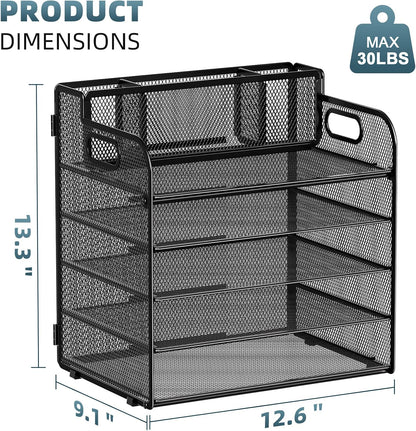 Marbrasse 5 Tier Paper Organizer Letter Tray, Mesh Desk File Organizer with Handle, Paper Sorter Desk Organizer for Home Office Supplies - Black, Adjustable