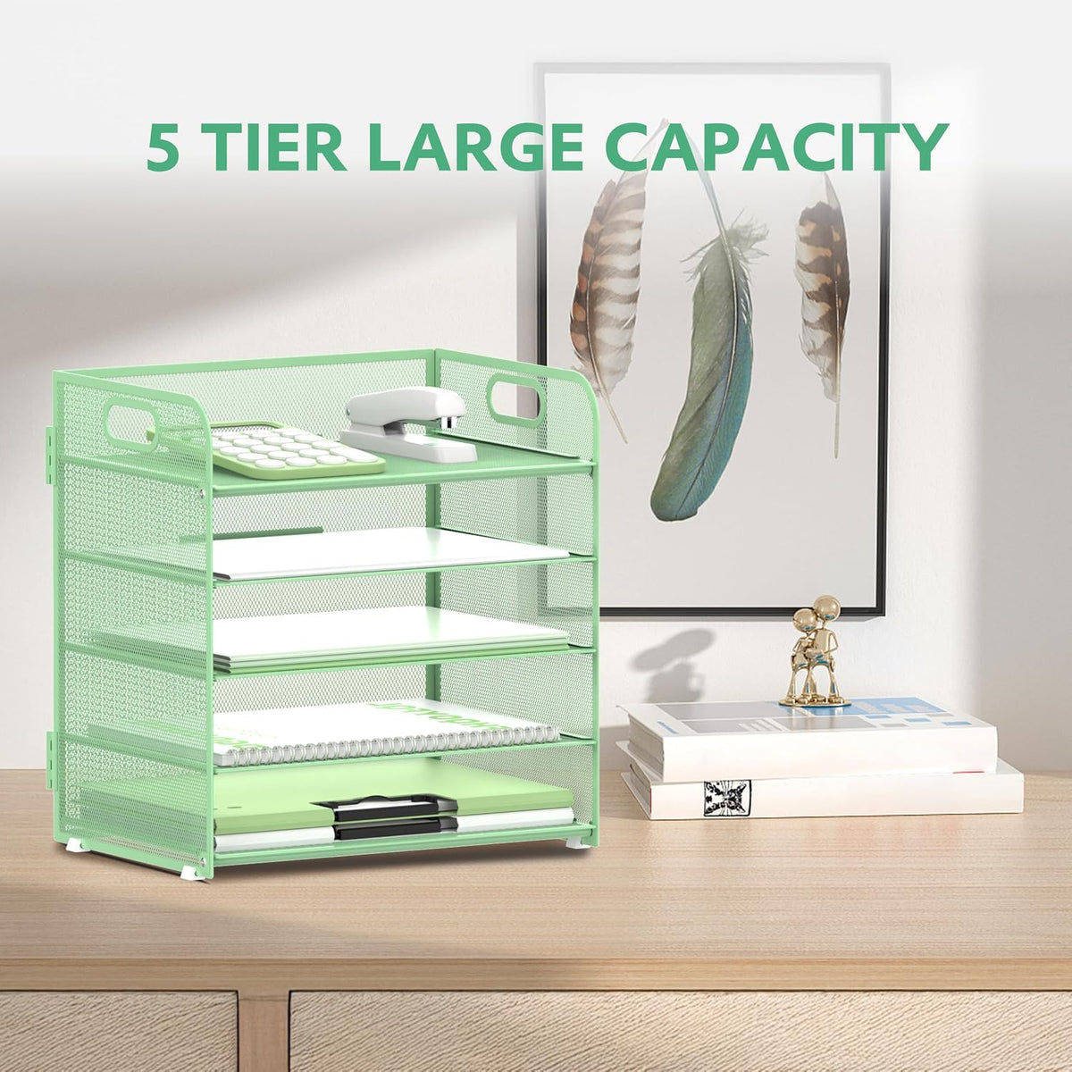 Supeasy 5 Trays Paper Organizer Letter Tray with Handle-Mesh Desk File Holders, Paper Sorter Desk Organizer for Office, Home, Classroom or School