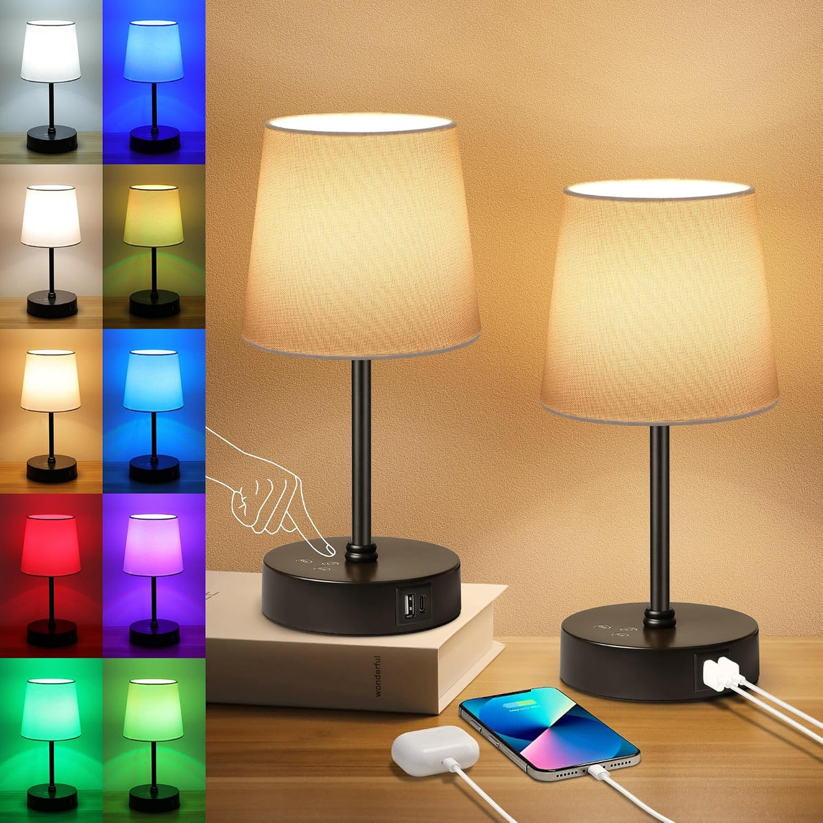 Ascher Small Bedside Table lamp, RGB Color Changing Lamps, 3 Color Temperatures, Dimmable Nightstand Lamp with USB C+A Ports, Touch Desk Lamp for Bedroom Living Room, H11.4in(Flaxen Shade)