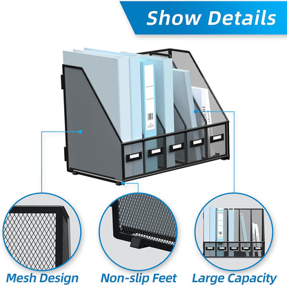 Desk Organizers Metal Desk Magazine File Holder with 5 Vertical Compartments Rack File Organizer for Office Desktop, Classroom, Home Workspace, Black