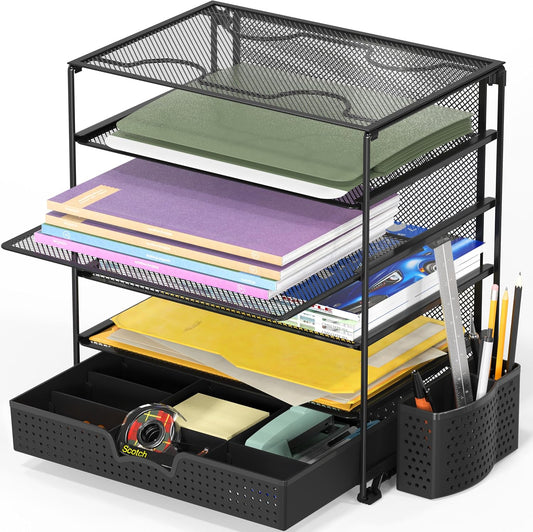 Simple Houseware 5-Tier Document File Tray with Sliding Drawer and Pen Bucket, Black