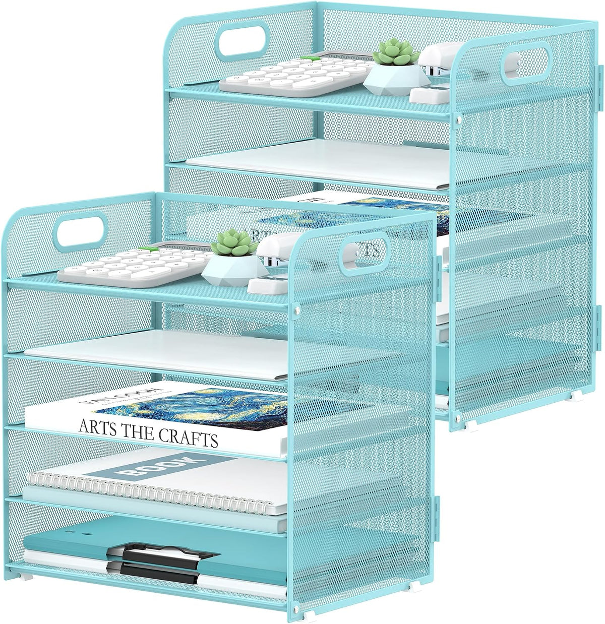 Supeasy 5 Trays Paper Organizer Letter Tray with Handle-Mesh Desk File Holders, Paper Sorter Desk Organizer for Office, Home, Classroom or School