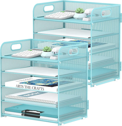 Supeasy 5 Trays Paper Organizer Letter Tray with Handle-Mesh Desk File Holders, Paper Sorter Desk Organizer for Office, Home, Classroom or School
