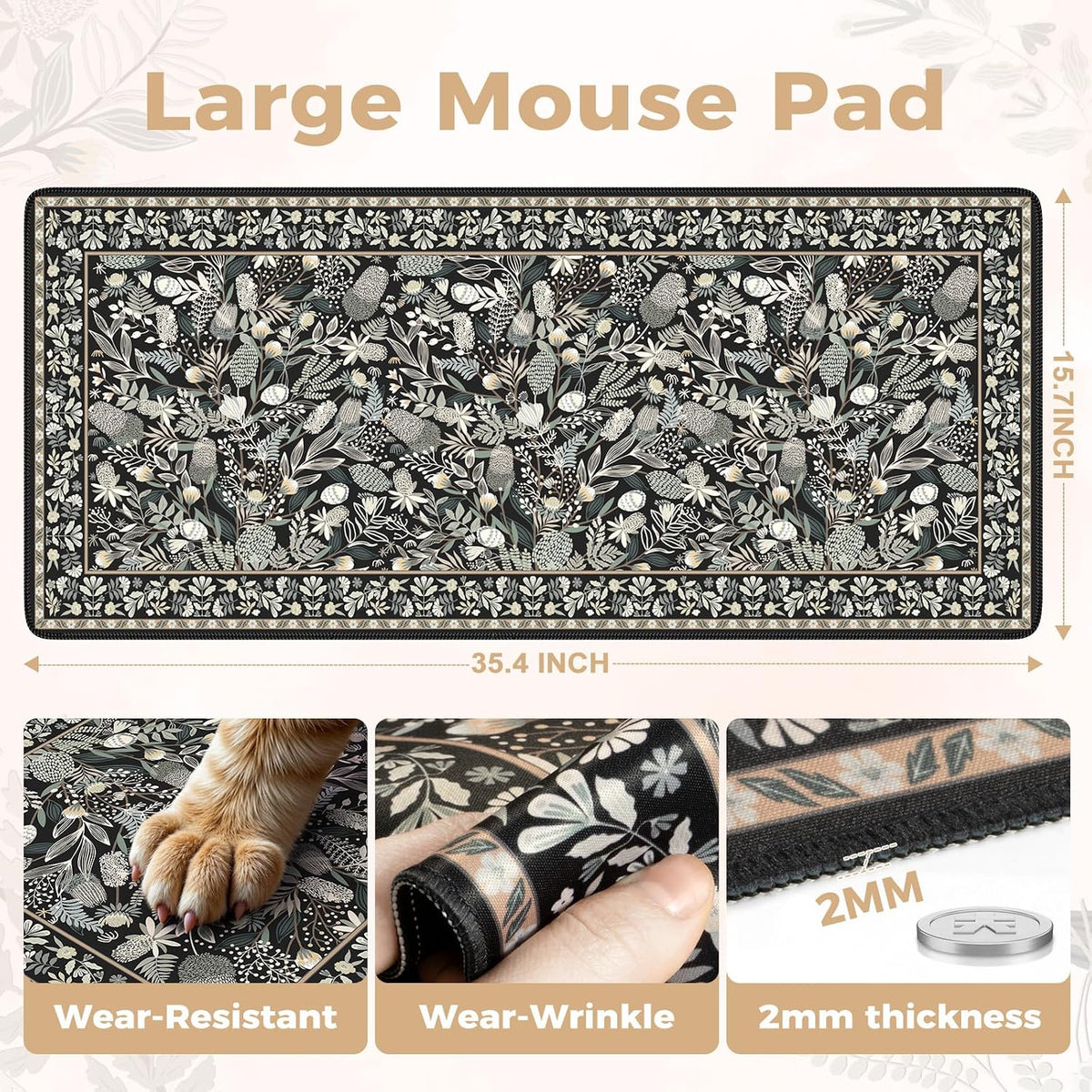 Desk Mat,Mouse Pad for Office Desk,35.4x15.7in,Pink Flowers