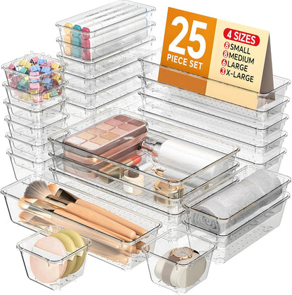 KEMETHY 25 PCS Plastic Drawer Organizers Set, 4 Sizes Vanity Organizer, Makeup and Desk Drawer Organizer Trays, Organization and Storage for Makeup, Bathroom, Kitchen Utensils and Office (Black)