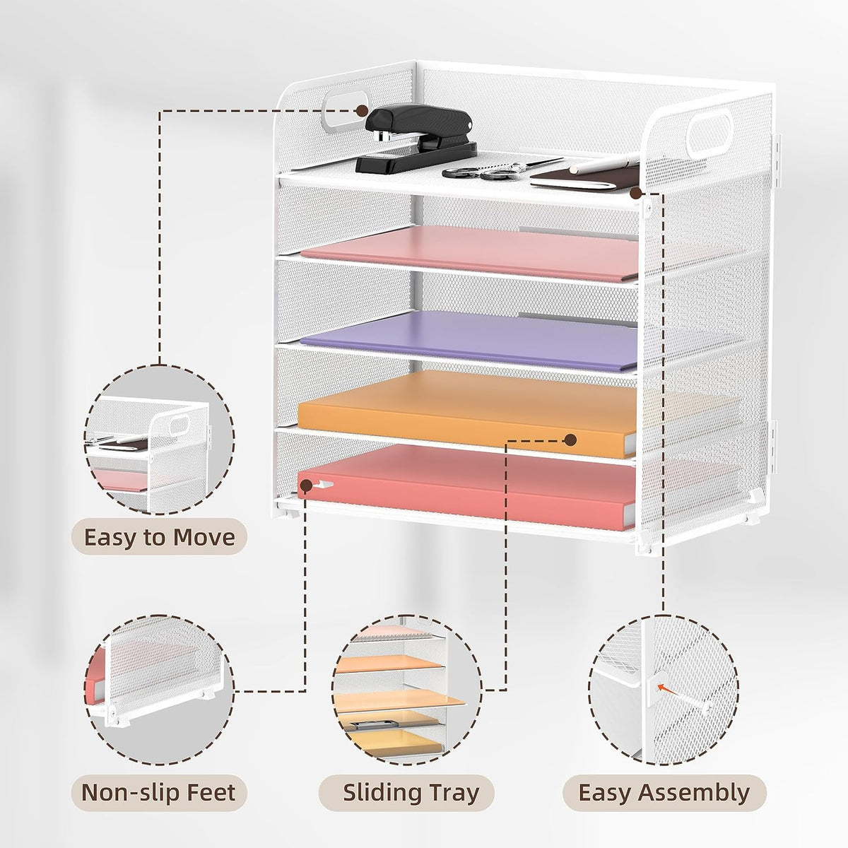 Supeasy 5 Trays Paper Organizer Letter Tray with Handle-Mesh Desk File Holders, Paper Sorter Desk Organizer for Office, Home, Classroom or School
