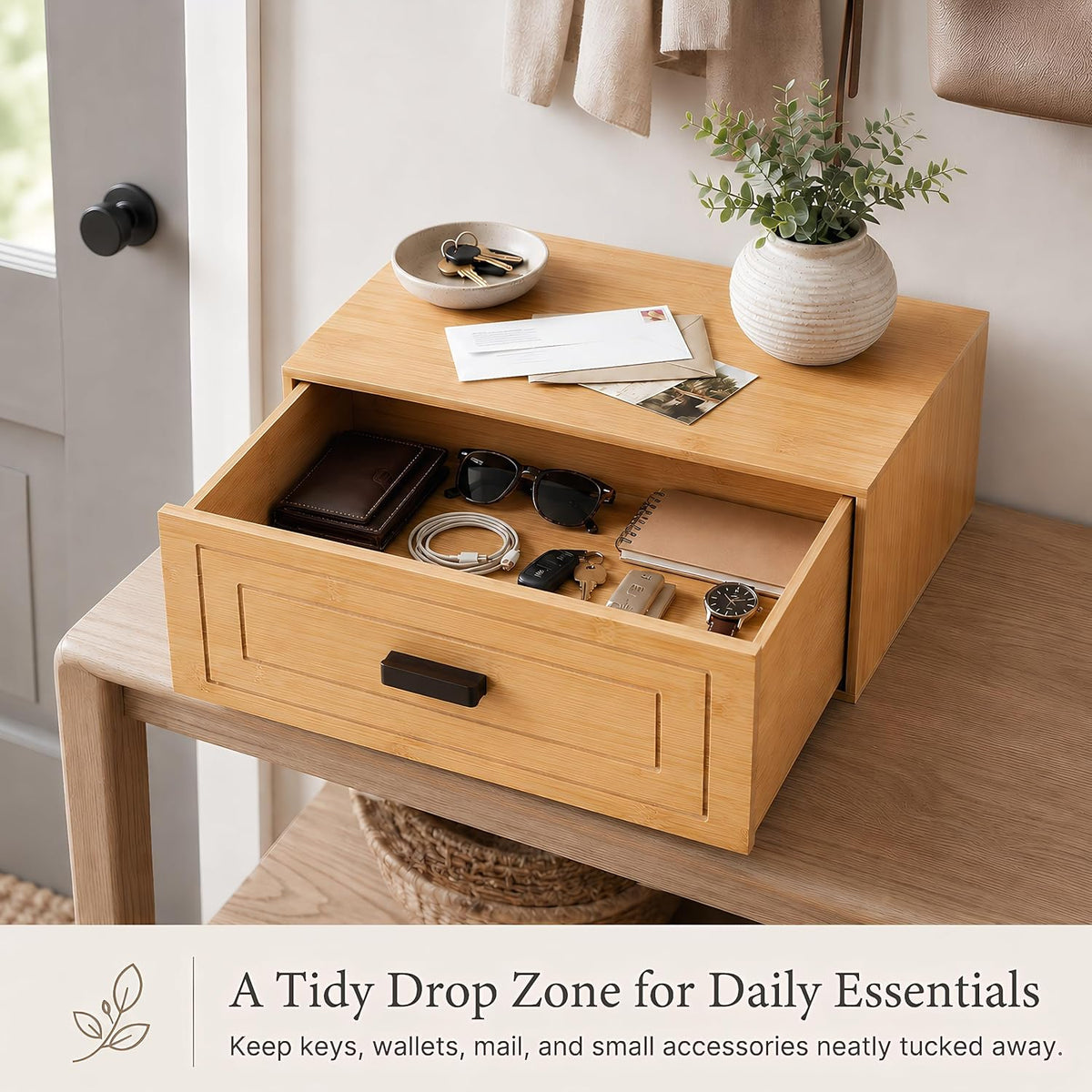 Kingrol Bamboo Storage Drawer, Stackable Single Drawer Organizer for Desk, Shelf, Closet, Entryway, Coffee Station, Vanity and Bathroom Counter, Natural Bamboo, 15 x 11.75 x 6.5 Inch
