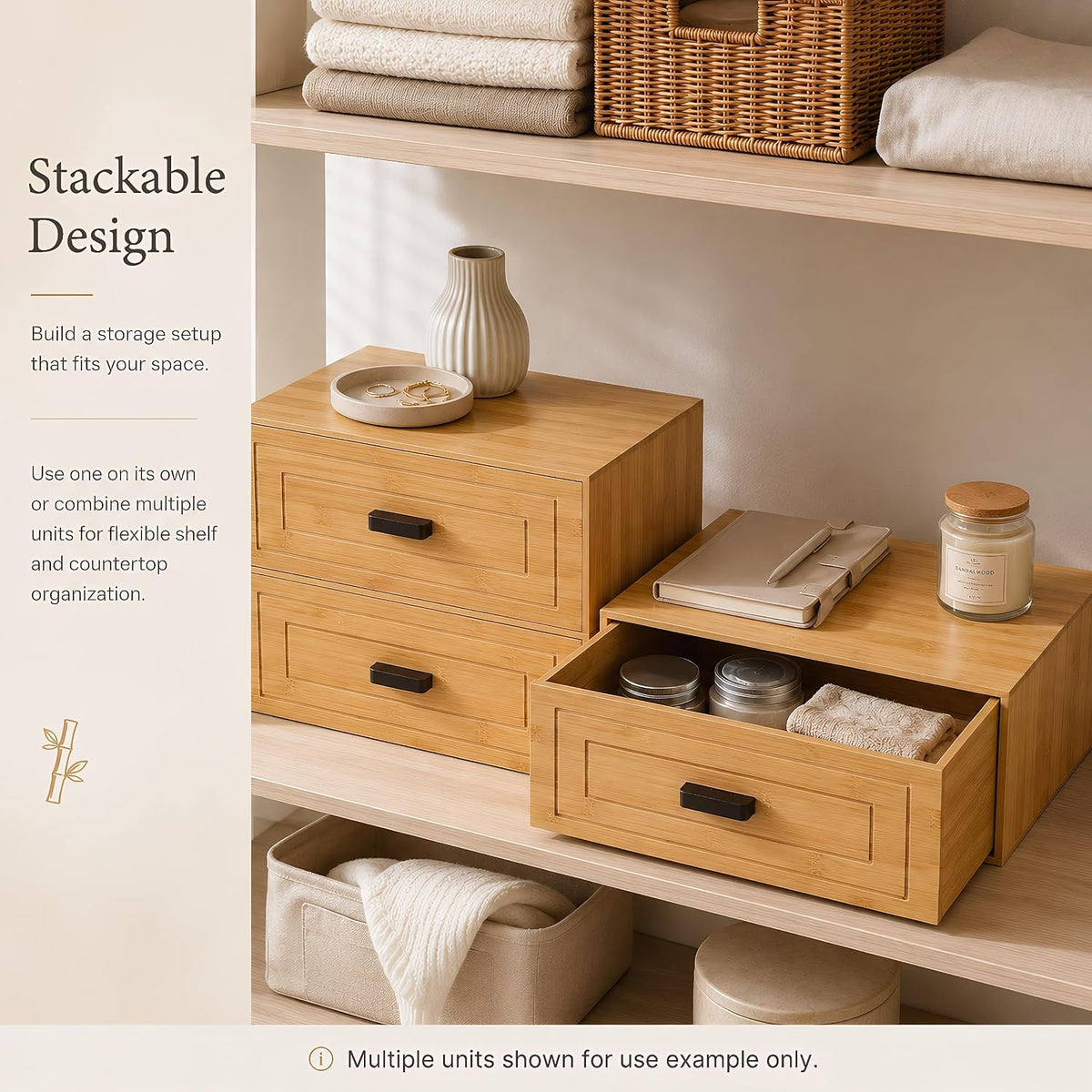 Kingrol Bamboo Storage Drawer, Stackable Single Drawer Organizer for Desk, Shelf, Closet, Entryway, Coffee Station, Vanity and Bathroom Counter, Natural Bamboo, 15 x 11.75 x 6.5 Inch