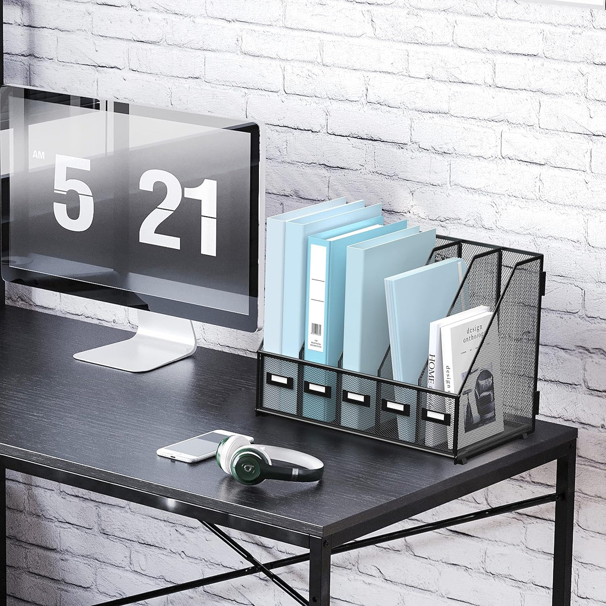 Desk Organizers Metal Desk Magazine File Holder with 5 Vertical Compartments Rack File Organizer for Office Desktop, Classroom, Home Workspace, Black