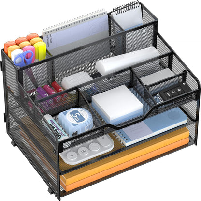 Docnest 5 Tier Mesh Desk Organizer for Paper Office Supplies – Multi-Functional Letter Tray with 5 Adjustable Compartments, 3 Pen Holders, Desktop Storage for Files, Mail, Stationery – Black