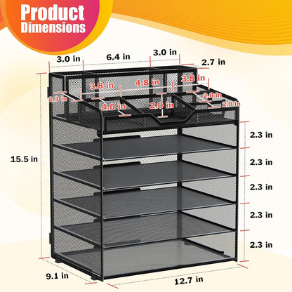 Docnest 5 Tier Mesh Desk Organizer for Paper Office Supplies – Multi-Functional Letter Tray with 5 Adjustable Compartments, 3 Pen Holders, Desktop Storage for Files, Mail, Stationery – Black