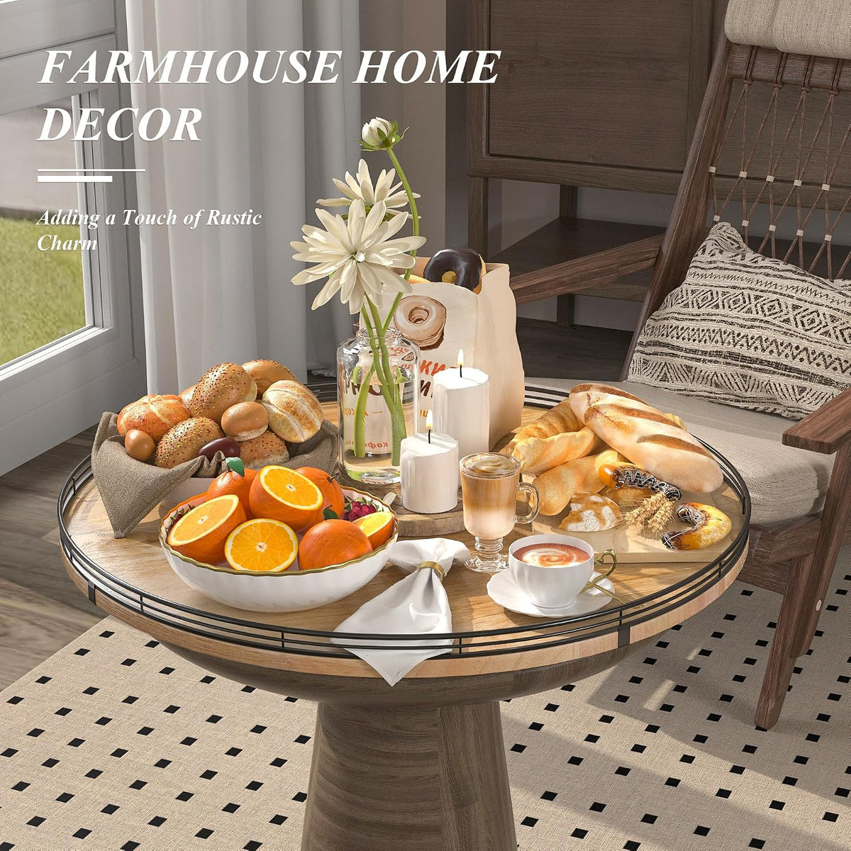 Farmhouse Oak 9" Lazy Susan Turntable Organizer for Cabinet, Round Wooden Lazy Susan Organization and Storage for Dining Table, Pantry, Kitchen, Countertop, Cupboard,Home Decor, Walnut Wood