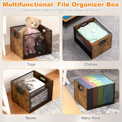 Piskyet Wooden Hanging File Organizer for desk, Metal Mesh File Folder Organizer Crate Cabinet Storage Box with Handle for Home Office Desk,Letter - Size,Rustic Brown