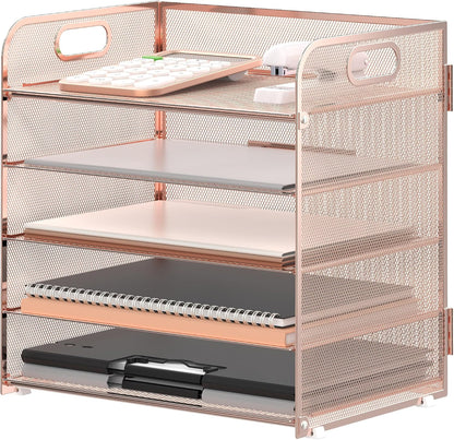 Supeasy 5 Trays Paper Organizer Letter Tray with Handle-Mesh Desk File Holders, Paper Sorter Desk Organizer for Office, Home, Classroom or School
