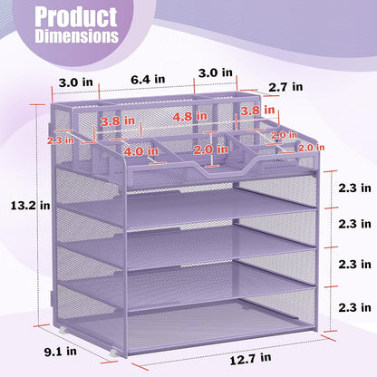 Docnest 5 Tier Mesh Desk Organizer for Paper Office Supplies – Multi-Functional Letter Tray with 5 Adjustable Compartments, 3 Pen Holders, Desktop Storage for Files, Mail, Stationery – Black