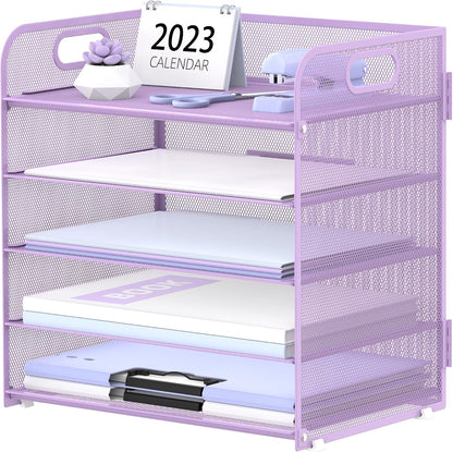 Supeasy 5 Trays Paper Organizer Letter Tray with Handle-Mesh Desk File Holders, Paper Sorter Desk Organizer for Office, Home, Classroom or School