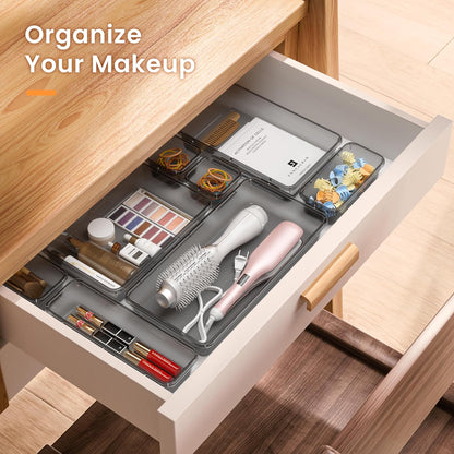 A-LuGei 【Military Grade】 Drawer Organizer, 【𝟱𝗦𝗶𝘇𝗲】 Makeup organizer, 【Holds 177 Items】 Bathroom Organizers and Storage, Organization and Storage, Desk Drawer Organizer for Vanity (Clear)