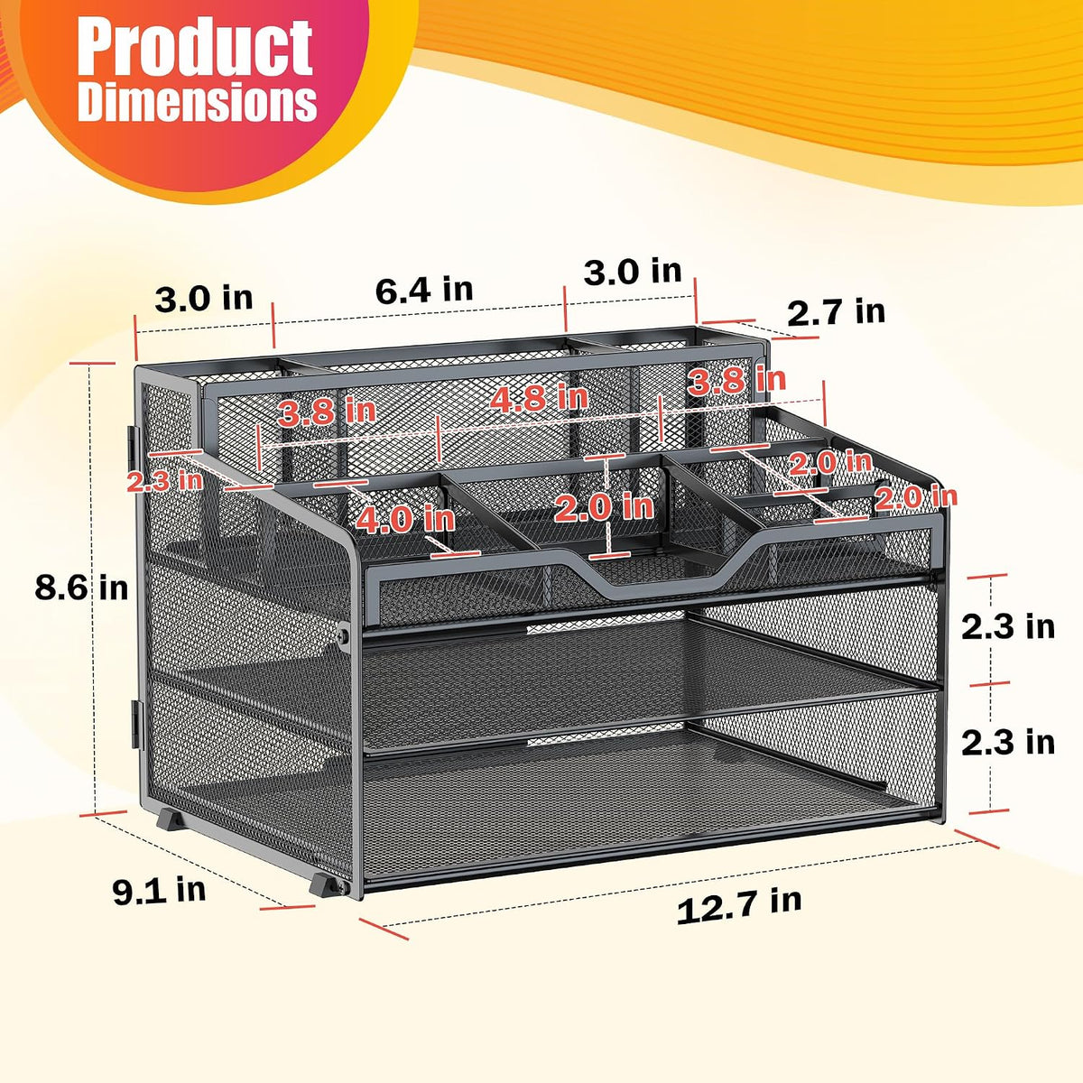 Docnest 5 Tier Mesh Desk Organizer for Paper Office Supplies – Multi-Functional Letter Tray with 5 Adjustable Compartments, 3 Pen Holders, Desktop Storage for Files, Mail, Stationery – Black