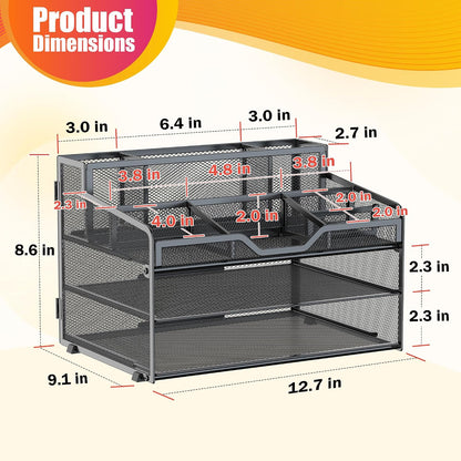 Docnest 5 Tier Mesh Desk Organizer for Paper Office Supplies – Multi-Functional Letter Tray with 5 Adjustable Compartments, 3 Pen Holders, Desktop Storage for Files, Mail, Stationery – Black