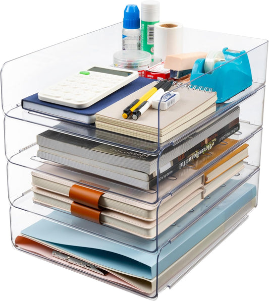 Desk Organizer, Clear Office Organization and Storage, Plastic Letter Tray, Stackable File Organizer for Classroom, Home, Documents, Notes, Folders, Books and Pens, 4 Tier