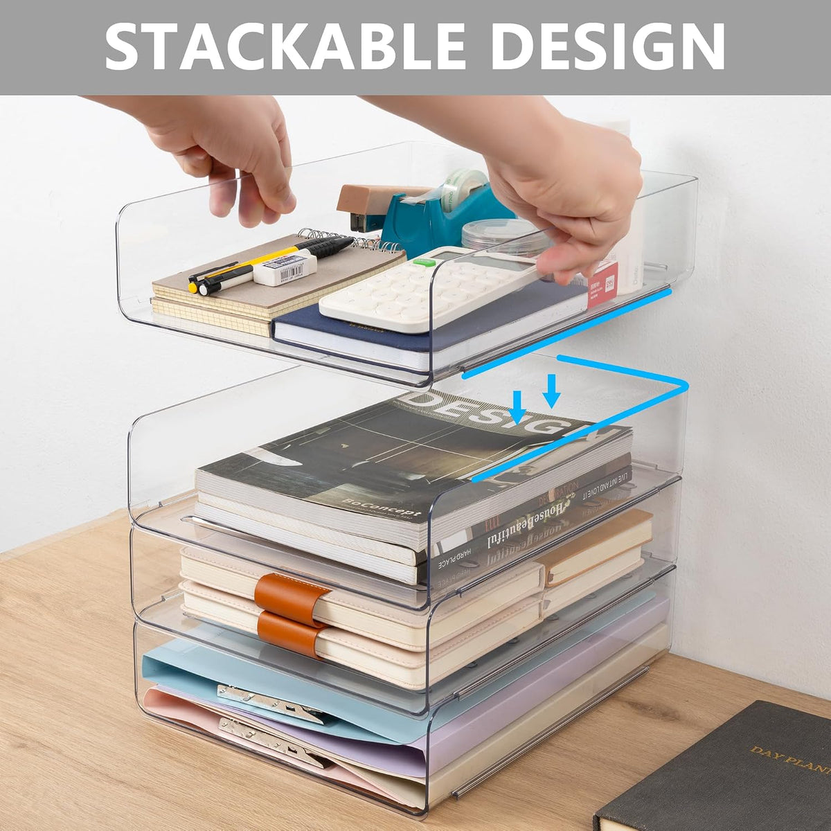 Desk Organizer, Clear Office Organization and Storage, Plastic Letter Tray, Stackable File Organizer for Classroom, Home, Documents, Notes, Folders, Books and Pens, 4 Tier