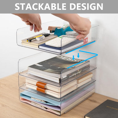 Desk Organizer, Clear Office Organization and Storage, Plastic Letter Tray, Stackable File Organizer for Classroom, Home, Documents, Notes, Folders, Books and Pens, 4 Tier