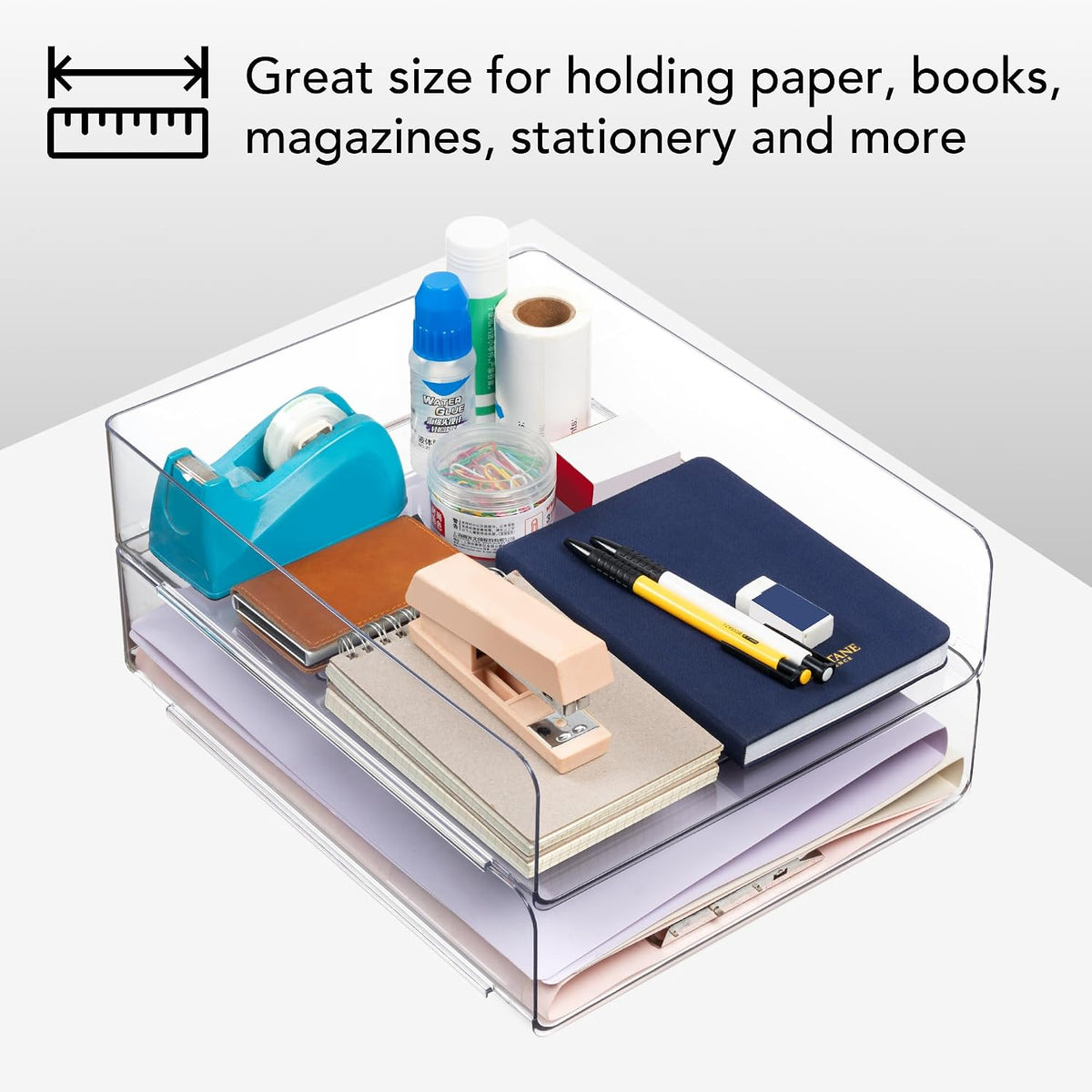 Desk Organizer, Clear Office Organization and Storage, Plastic Letter Tray, Stackable File Organizer for Classroom, Home, Documents, Notes, Folders, Books and Pens, 4 Tier