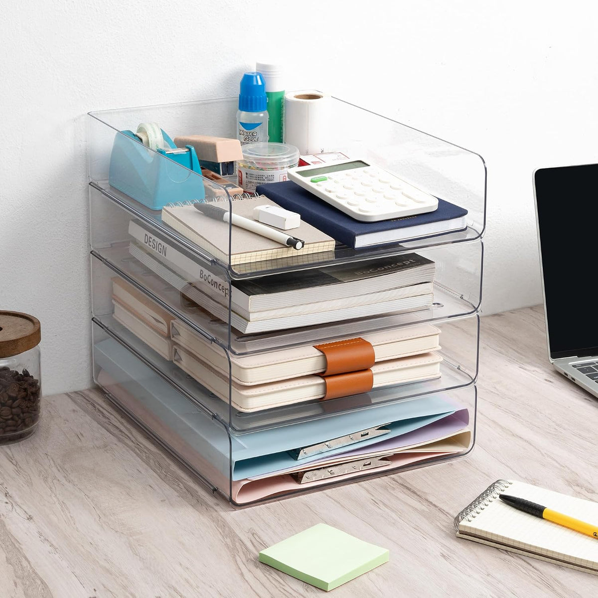 Desk Organizer, Clear Office Organization and Storage, Plastic Letter Tray, Stackable File Organizer for Classroom, Home, Documents, Notes, Folders, Books and Pens, 4 Tier