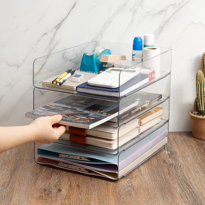 Desk Organizer, Clear Office Organization and Storage, Plastic Letter Tray, Stackable File Organizer for Classroom, Home, Documents, Notes, Folders, Books and Pens, 4 Tier