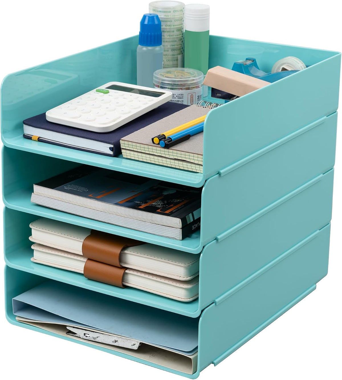 Desk Organizer, Clear Office Organization and Storage, Plastic Letter Tray, Stackable File Organizer for Classroom, Home, Documents, Notes, Folders, Books and Pens, 4 Tier