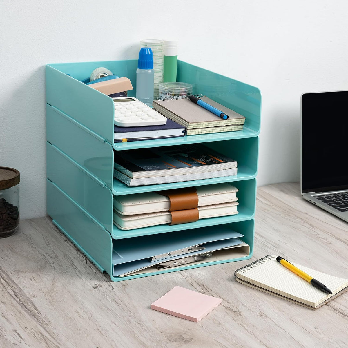 Desk Organizer, Clear Office Organization and Storage, Plastic Letter Tray, Stackable File Organizer for Classroom, Home, Documents, Notes, Folders, Books and Pens, 4 Tier