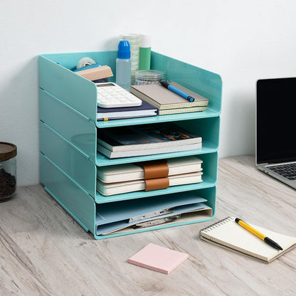 Desk Organizer, Clear Office Organization and Storage, Plastic Letter Tray, Stackable File Organizer for Classroom, Home, Documents, Notes, Folders, Books and Pens, 4 Tier