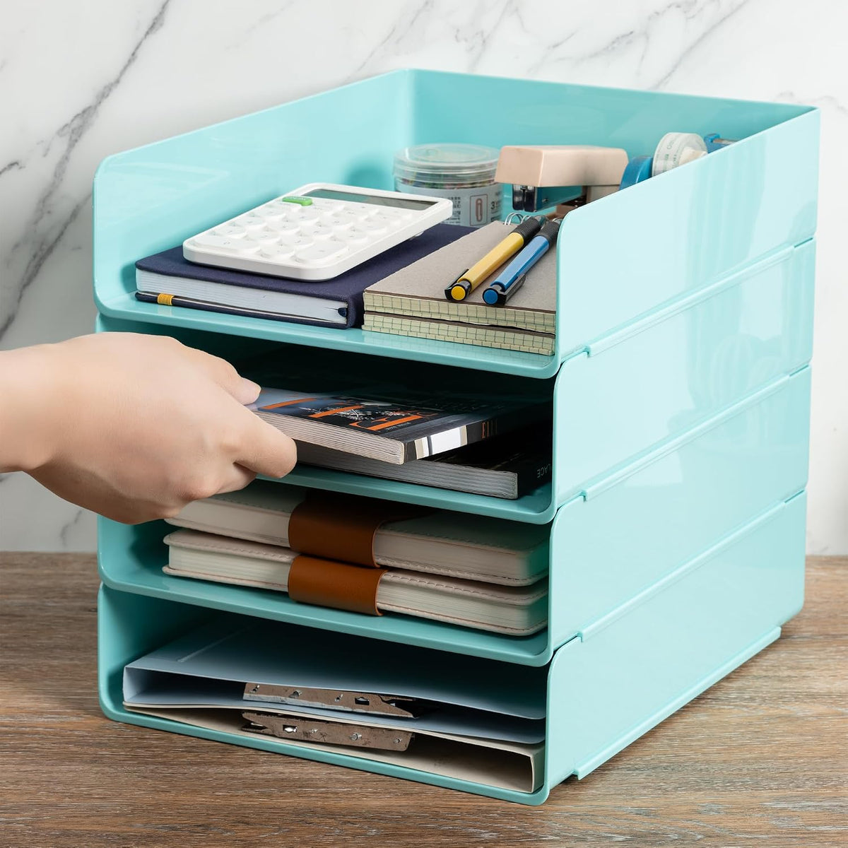 Desk Organizer, Clear Office Organization and Storage, Plastic Letter Tray, Stackable File Organizer for Classroom, Home, Documents, Notes, Folders, Books and Pens, 4 Tier