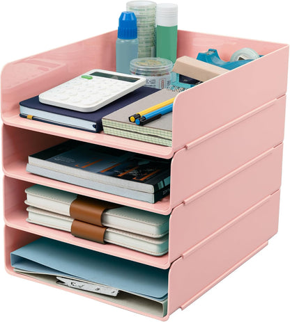 Desk Organizer, Clear Office Organization and Storage, Plastic Letter Tray, Stackable File Organizer for Classroom, Home, Documents, Notes, Folders, Books and Pens, 4 Tier