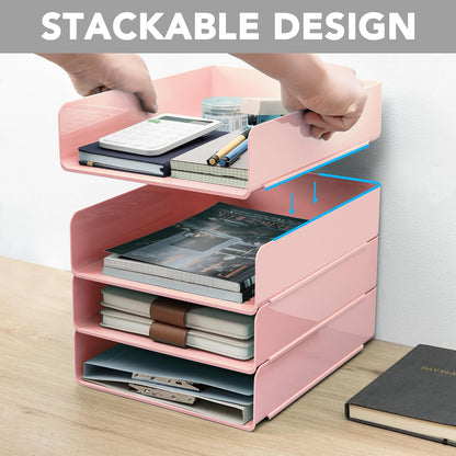 Desk Organizer, Clear Office Organization and Storage, Plastic Letter Tray, Stackable File Organizer for Classroom, Home, Documents, Notes, Folders, Books and Pens, 4 Tier