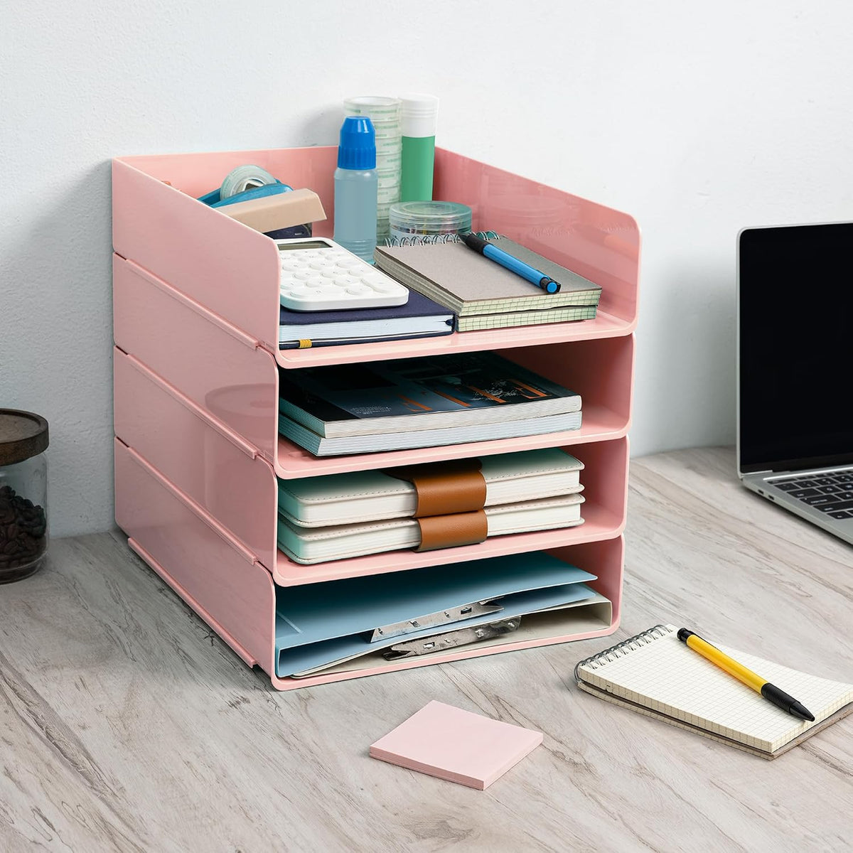 Desk Organizer, Clear Office Organization and Storage, Plastic Letter Tray, Stackable File Organizer for Classroom, Home, Documents, Notes, Folders, Books and Pens, 4 Tier