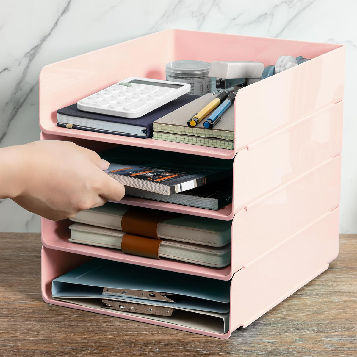 Desk Organizer, Clear Office Organization and Storage, Plastic Letter Tray, Stackable File Organizer for Classroom, Home, Documents, Notes, Folders, Books and Pens, 4 Tier