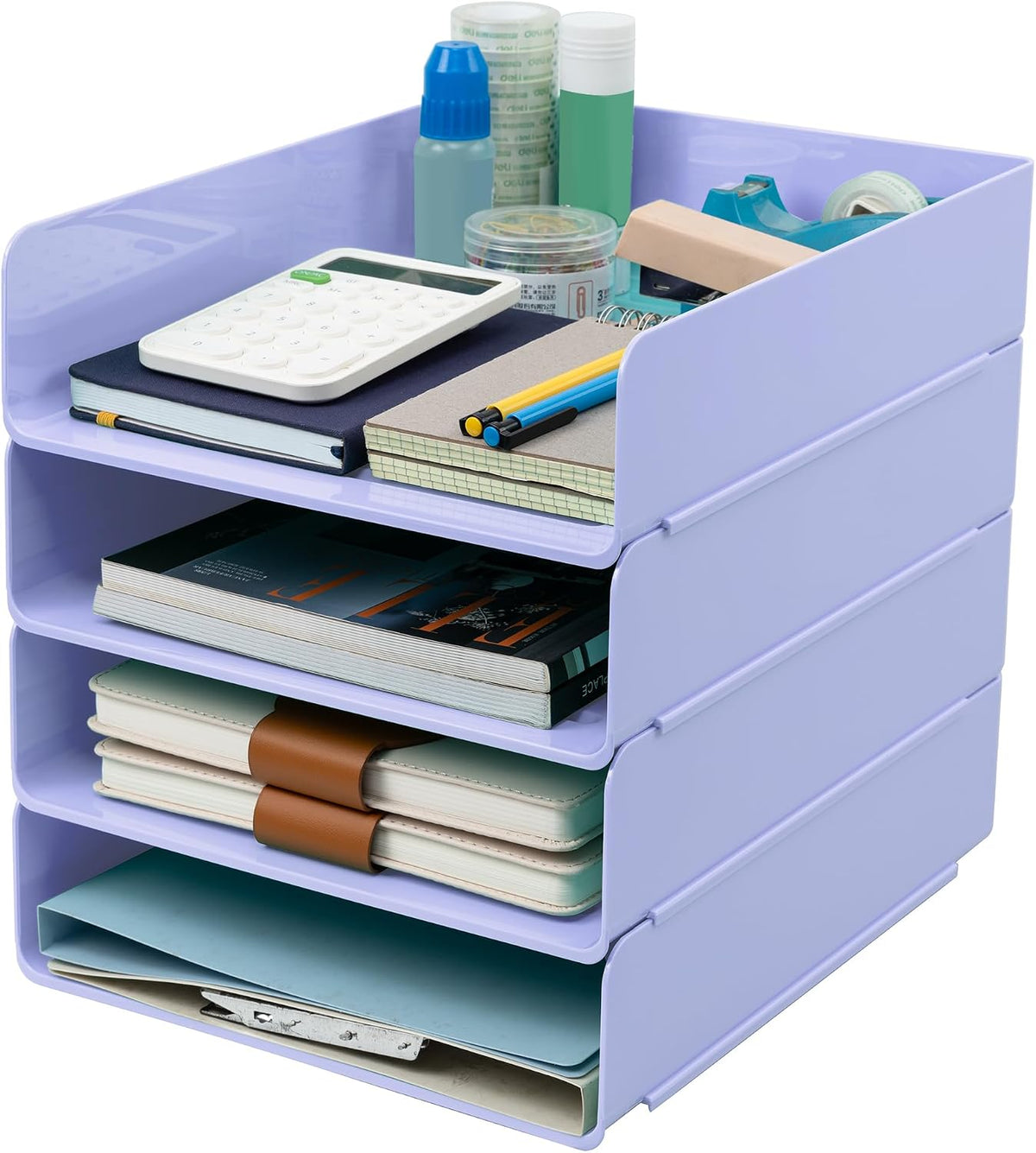 Desk Organizer, Clear Office Organization and Storage, Plastic Letter Tray, Stackable File Organizer for Classroom, Home, Documents, Notes, Folders, Books and Pens, 4 Tier