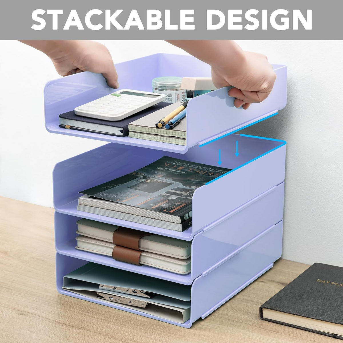 Desk Organizer, Clear Office Organization and Storage, Plastic Letter Tray, Stackable File Organizer for Classroom, Home, Documents, Notes, Folders, Books and Pens, 4 Tier