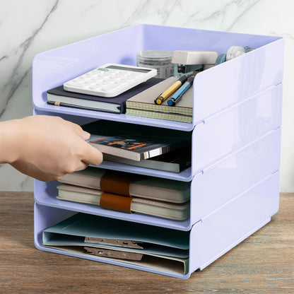 Desk Organizer, Clear Office Organization and Storage, Plastic Letter Tray, Stackable File Organizer for Classroom, Home, Documents, Notes, Folders, Books and Pens, 4 Tier
